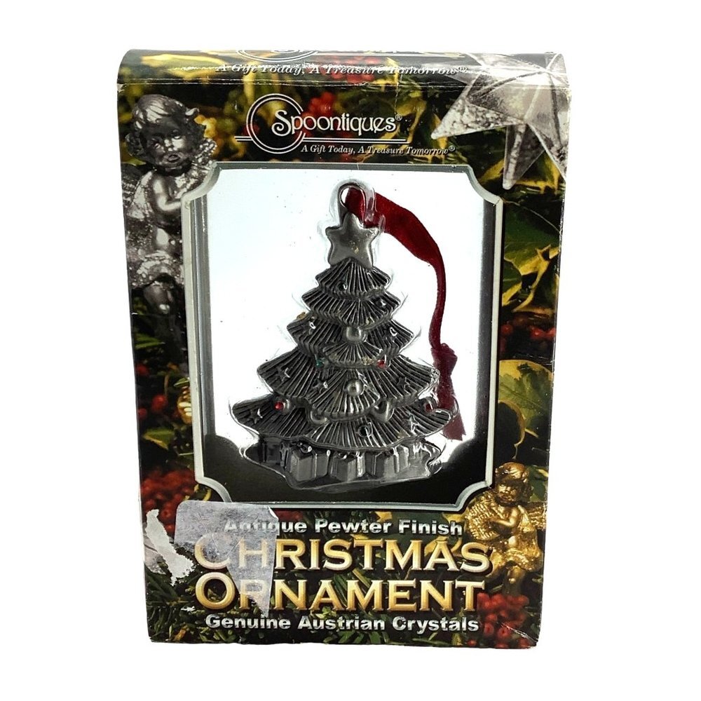 Vtg Spoontiques Antique Pewter Finish Austrian Crystals Christmas Tree Ornament